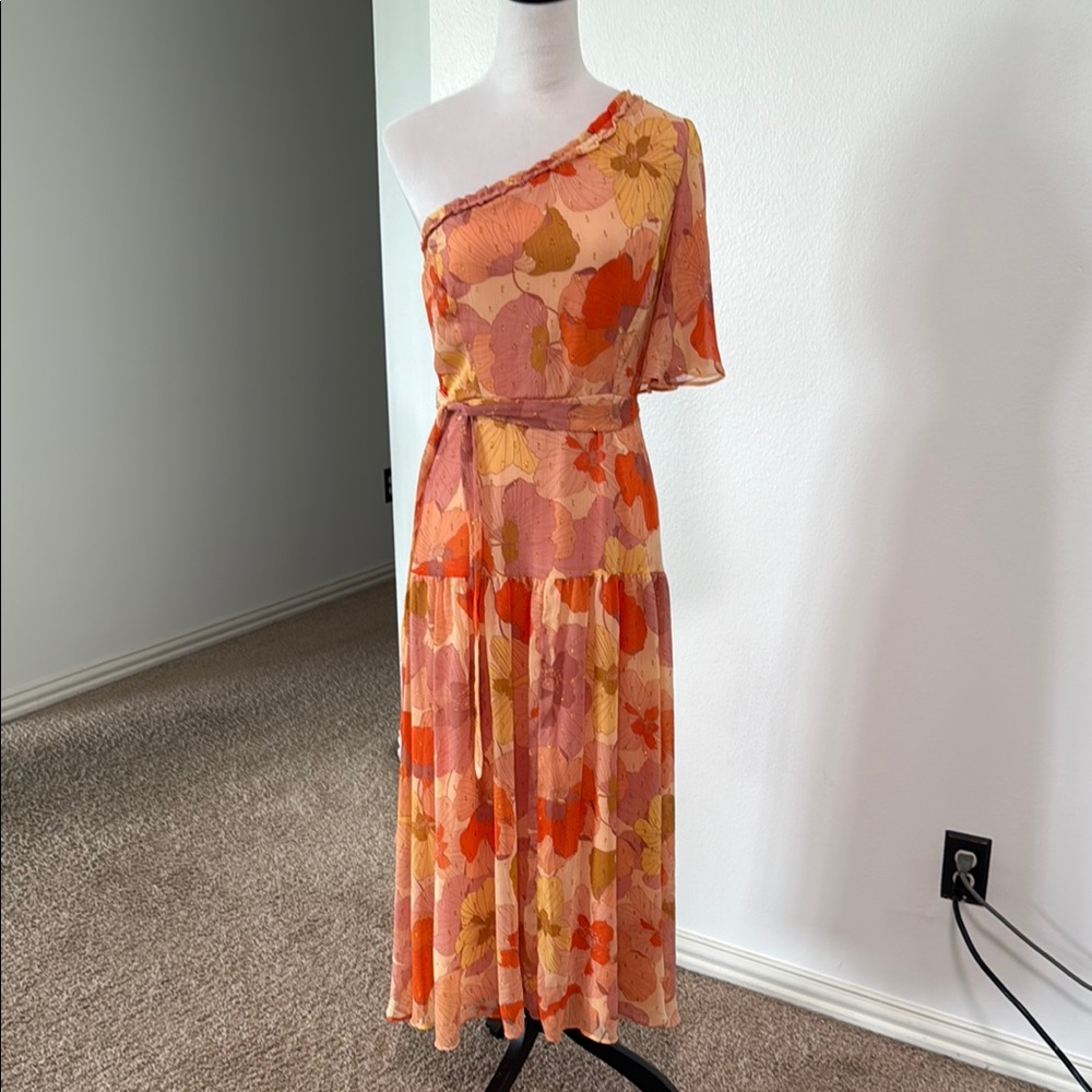 Taylor Orange One-Shoulder Flutter Sleeve Dress